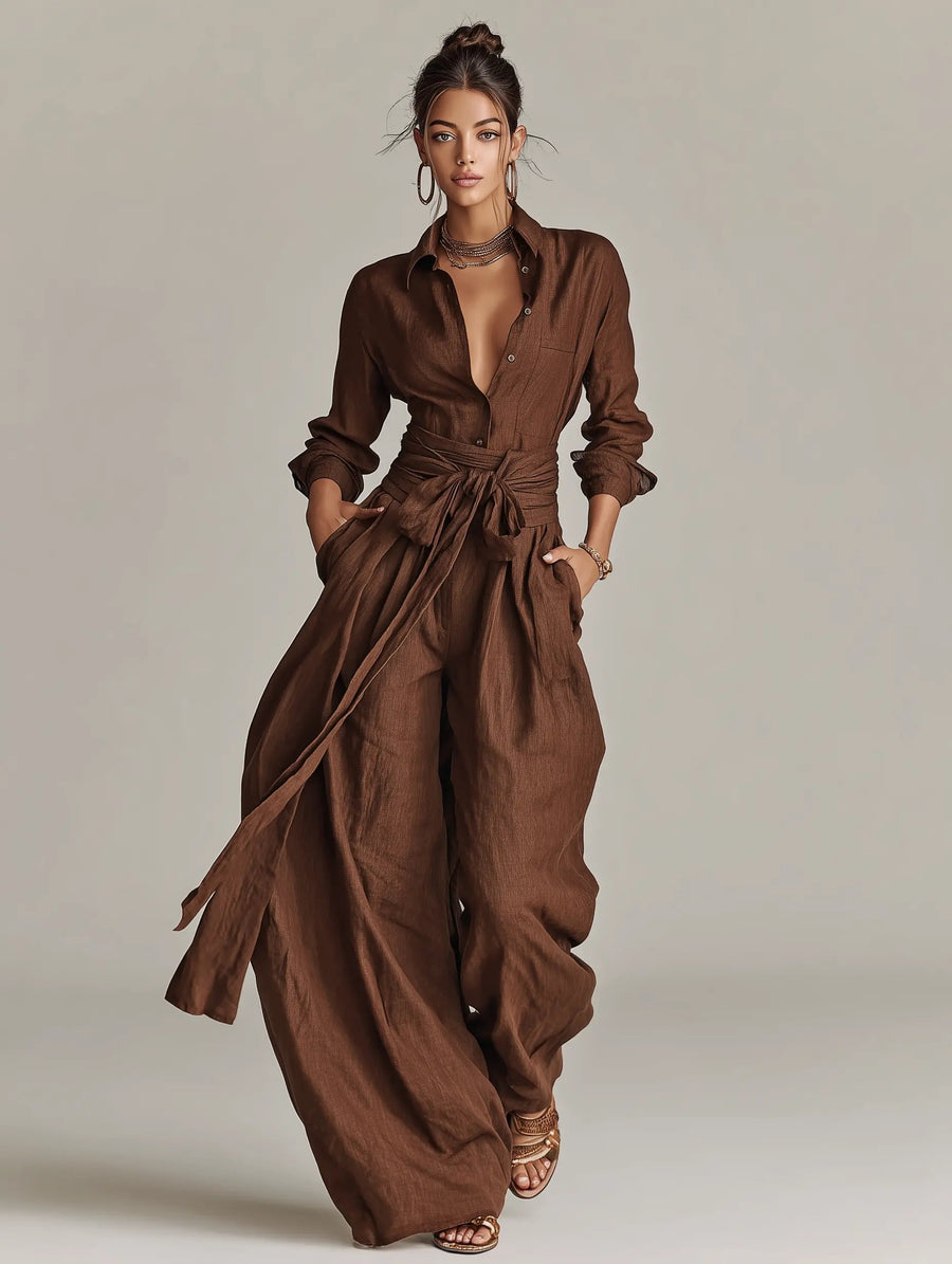 Lena | Damen Leinen Hemdkragen Langarm Jumpsuit mit Gürtel