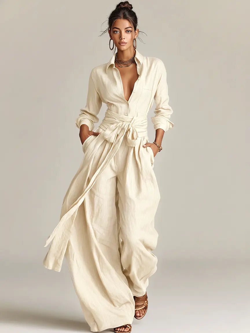 Lena | Damen Leinen Hemdkragen Langarm Jumpsuit mit Gürtel