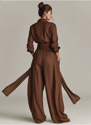 Lena | Damen Leinen Hemdkragen Langarm Jumpsuit mit Gürtel