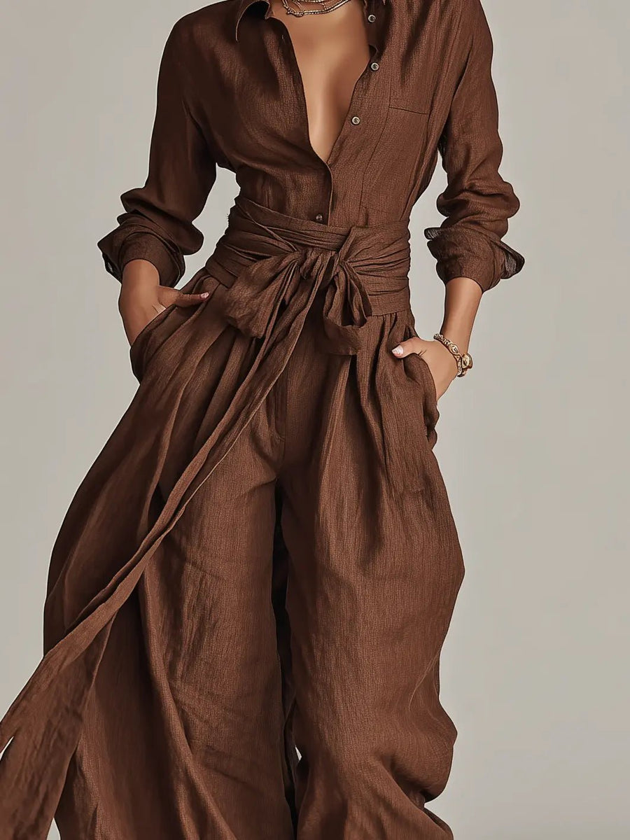 Lena | Damen Leinen Hemdkragen Langarm Jumpsuit mit Gürtel