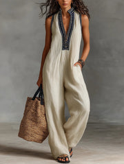 Sophie | Damen Leinen Ärmellos Stickerei Jumpsuit