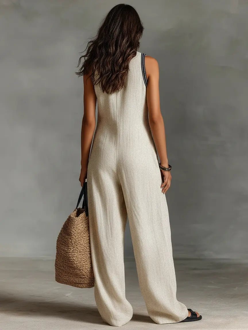 Sophie | Damen Leinen Ärmellos Stickerei Jumpsuit