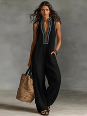 Sophie | Damen Leinen Ärmellos Stickerei Jumpsuit