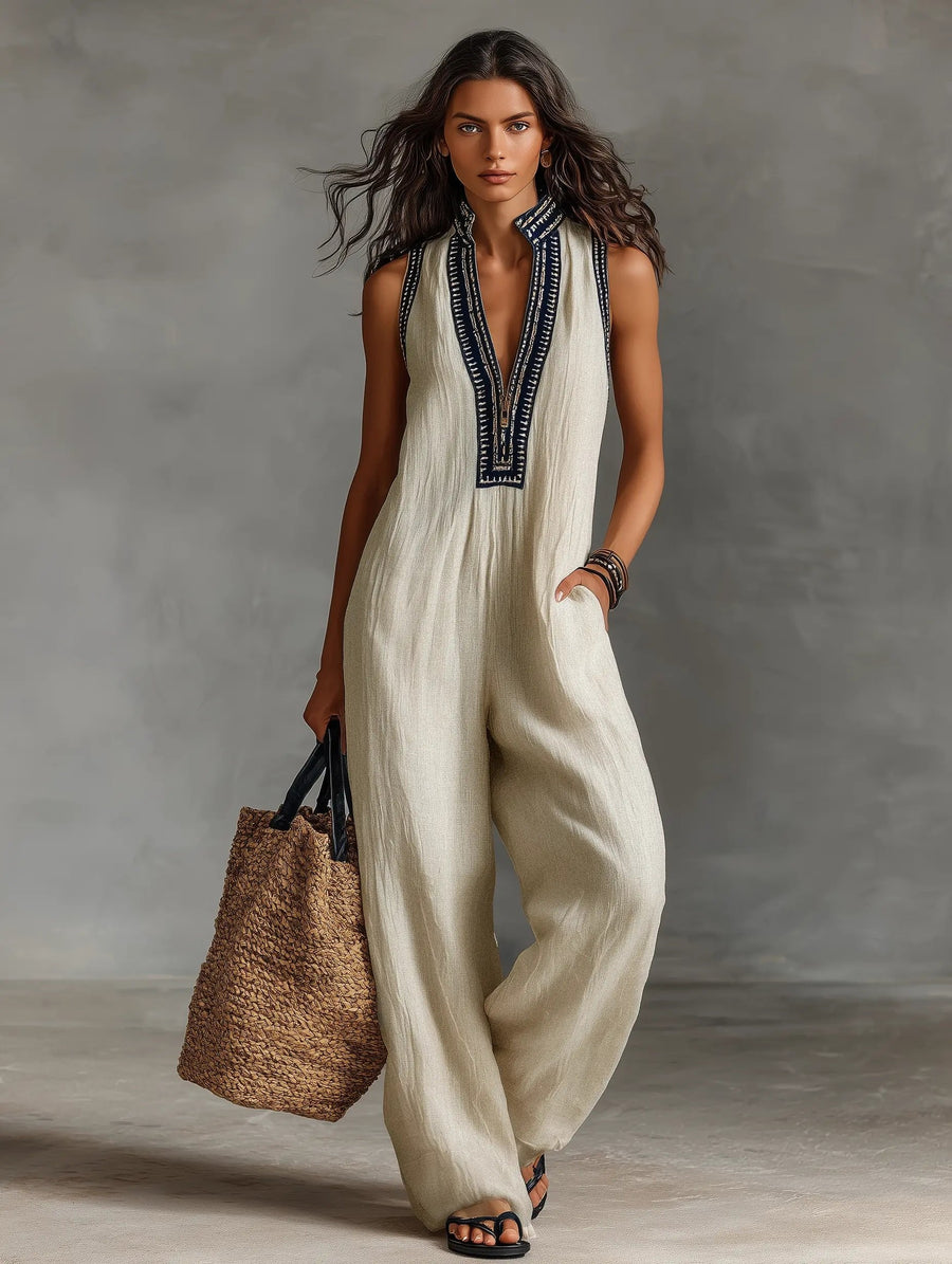 Sophie | Damen Leinen Ärmellos Stickerei Jumpsuit