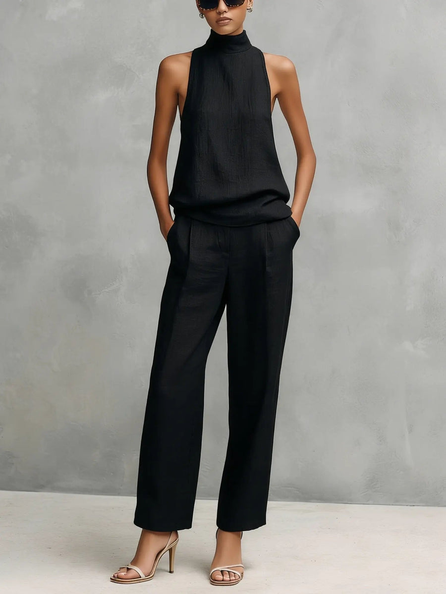 Clara | Damen Leinen Ärmellos Top Hose Zweiteiler Set