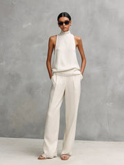 Clara | Damen Leinen Ärmellos Top Hose Zweiteiler Set