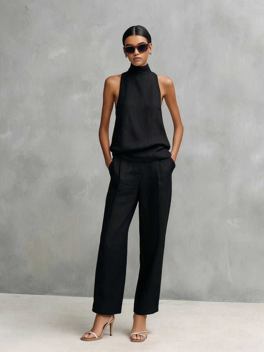 Clara | Damen Leinen Ärmellos Top Hose Zweiteiler Set
