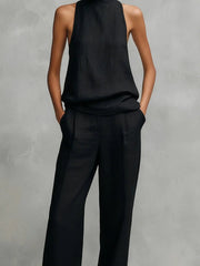 Clara | Damen Leinen Ärmellos Top Hose Zweiteiler Set