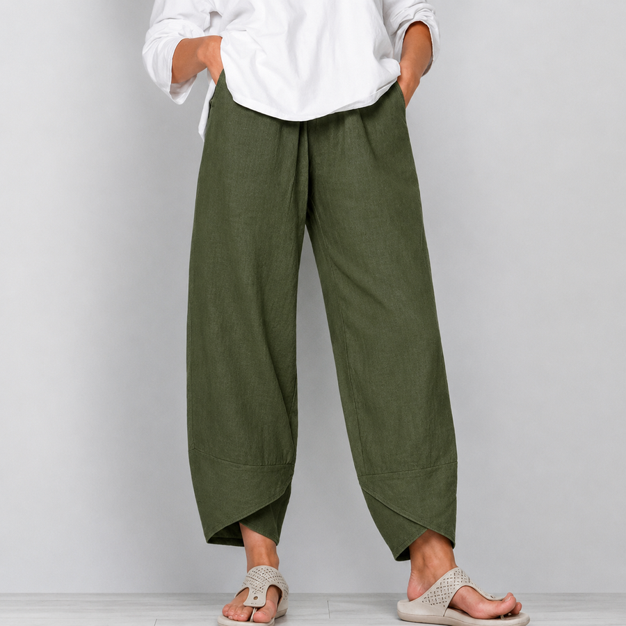 Damen leinen Weite Cropped-Hose mit Geschwungenem Saum