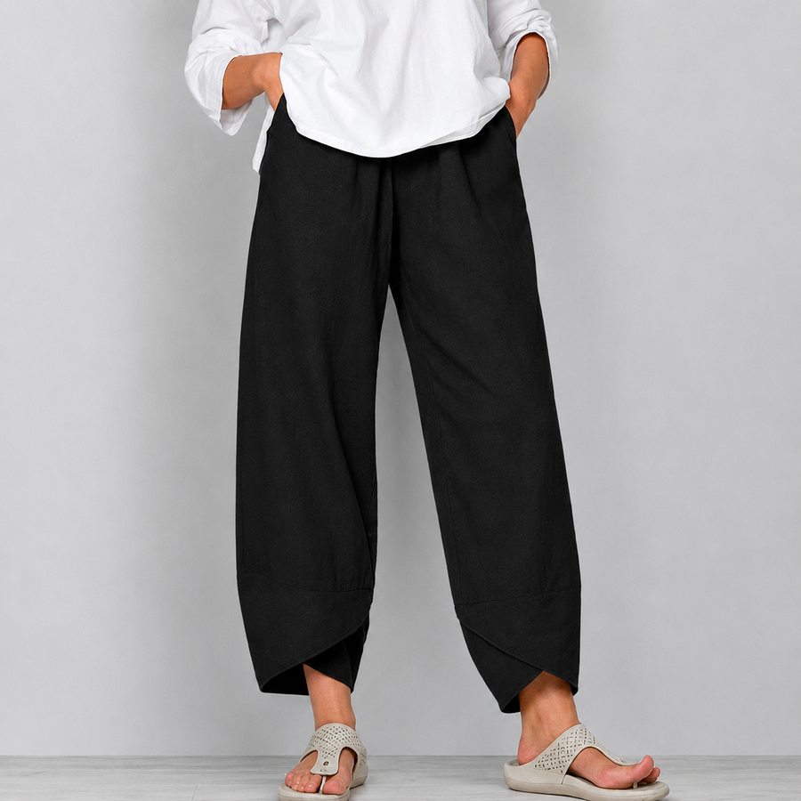 Damen leinen Weite Cropped-Hose mit Geschwungenem Saum