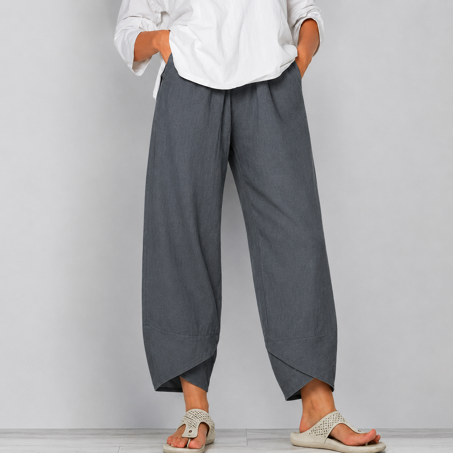Damen leinen Weite Cropped-Hose mit Geschwungenem Saum