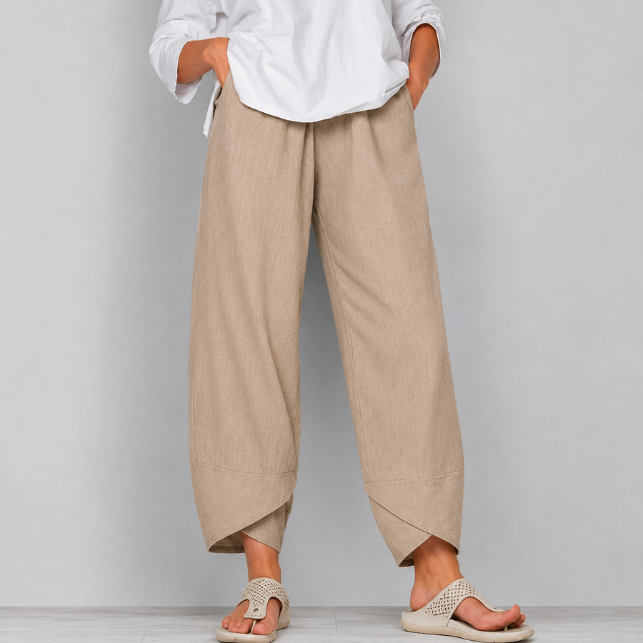 Damen leinen Weite Cropped-Hose mit Geschwungenem Saum