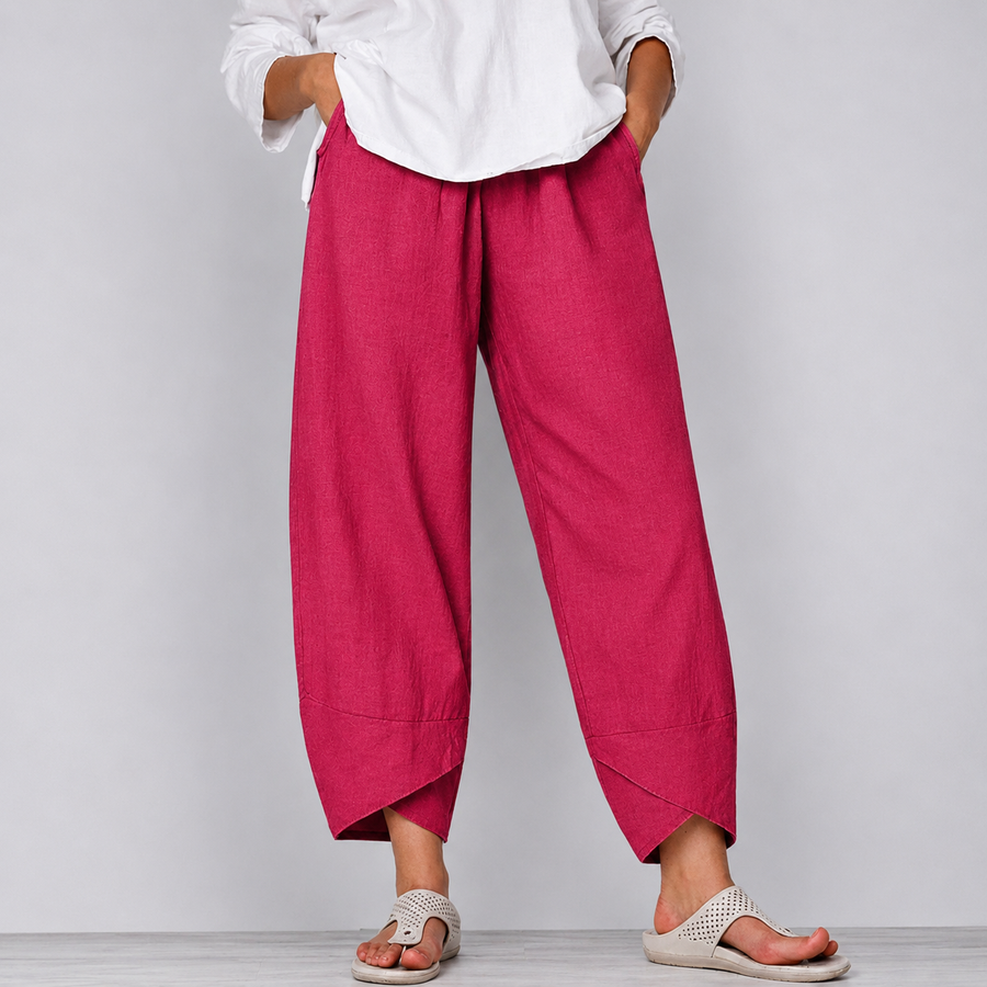 Damen leinen Weite Cropped-Hose mit Geschwungenem Saum