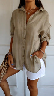 Nora | Damen Leinenbluse Oversized Button-Down Kragen Langarm