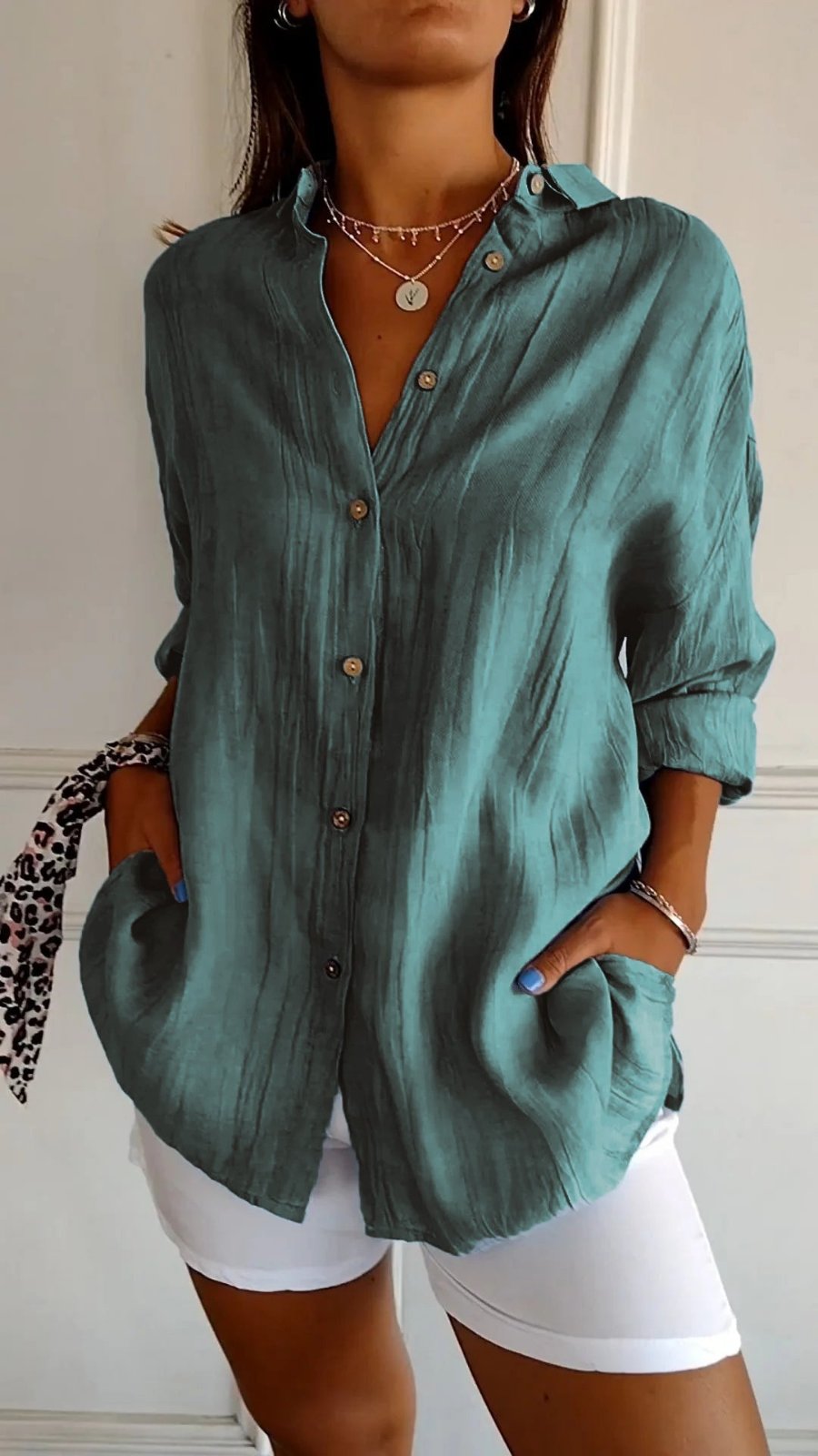 Nora | Damen Leinenbluse Oversized Button-Down Kragen Langarm