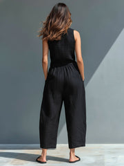 Elfriede | Damen Linen Jumpsuit ärmellos Stehkragen Knopfleiste