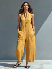 Elfriede | Damen Linen Jumpsuit ärmellos Stehkragen Knopfleiste