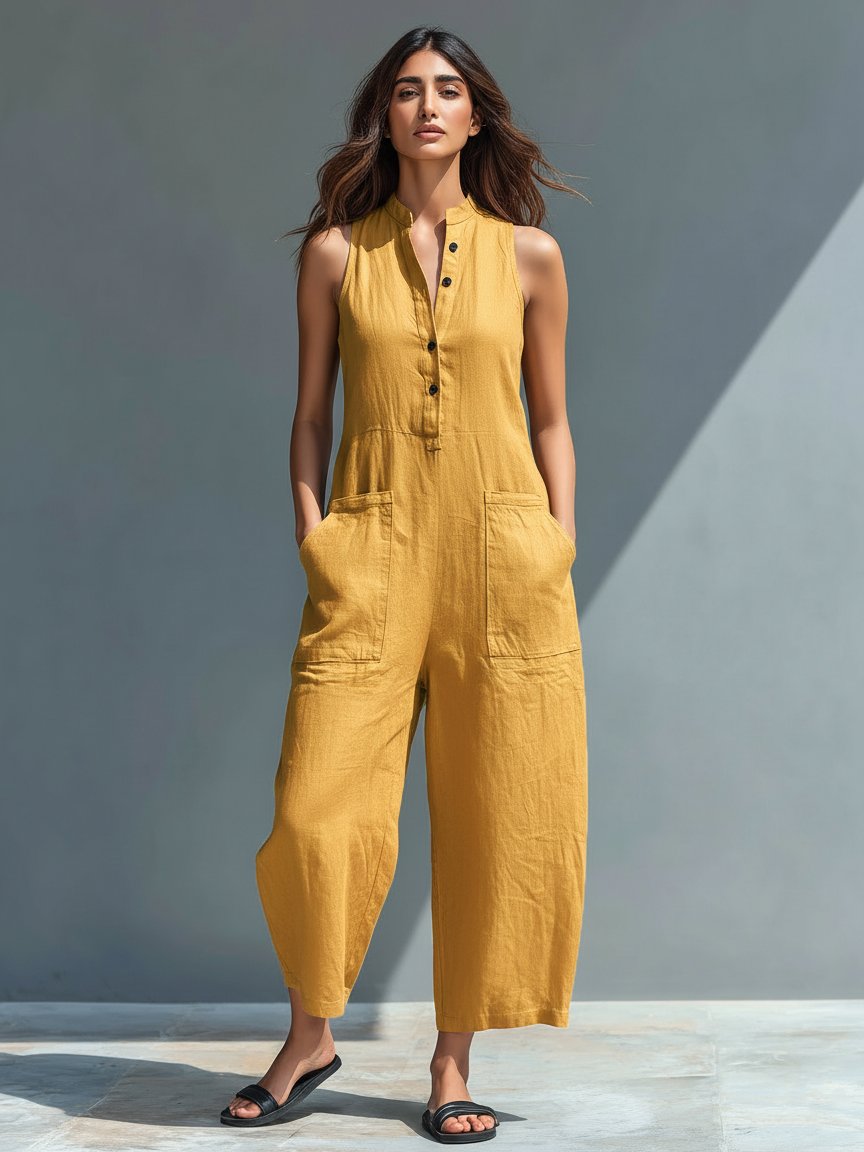 Elfriede | Damen Linen Jumpsuit ärmellos Stehkragen Knopfleiste