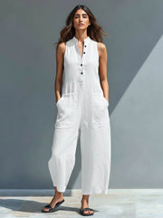 Elfriede | Damen Linen Jumpsuit ärmellos Stehkragen Knopfleiste