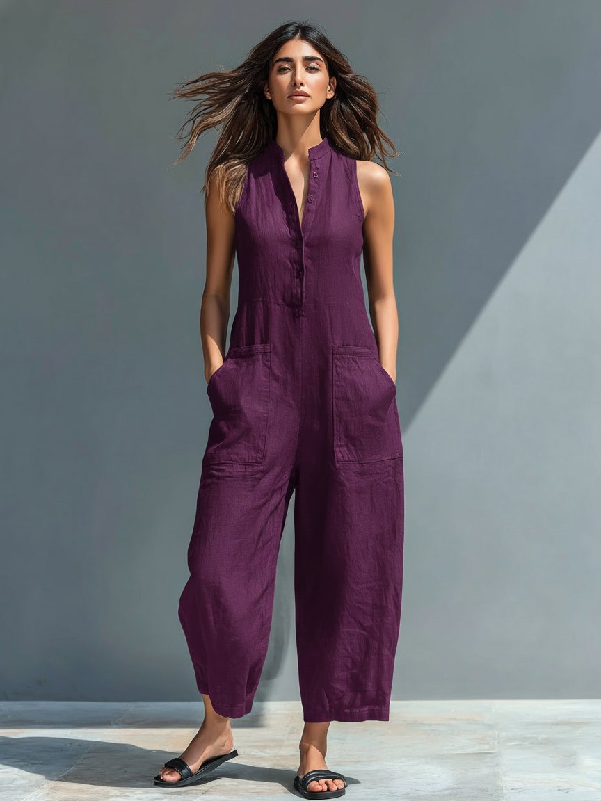 Elfriede | Damen Linen Jumpsuit ärmellos Stehkragen Knopfleiste