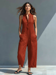 Elfriede | Damen Linen Jumpsuit ärmellos Stehkragen Knopfleiste