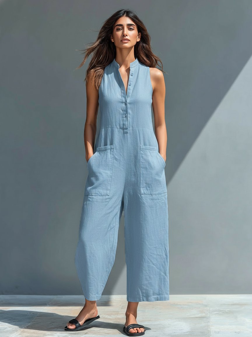 Elfriede | Damen Linen Jumpsuit ärmellos Stehkragen Knopfleiste