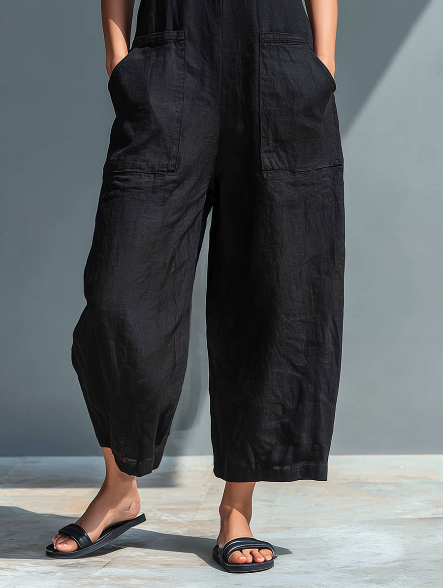Elfriede | Damen Linen Jumpsuit ärmellos Stehkragen Knopfleiste