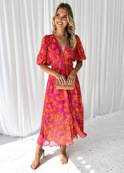 Greta | Damen Luftiges Midi Kleid Blumenmuster Puffärmel V-Ausschnitt