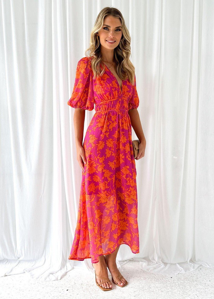 Greta | Damen Luftiges Midi Kleid Blumenmuster Puffärmel V-Ausschnitt