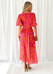 Greta | Damen Luftiges Midi Kleid Blumenmuster Puffärmel V-Ausschnitt