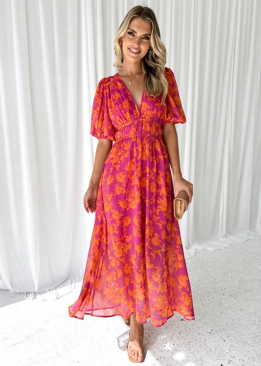 Greta | Damen Luftiges Midi Kleid Blumenmuster Puffärmel V-Ausschnitt