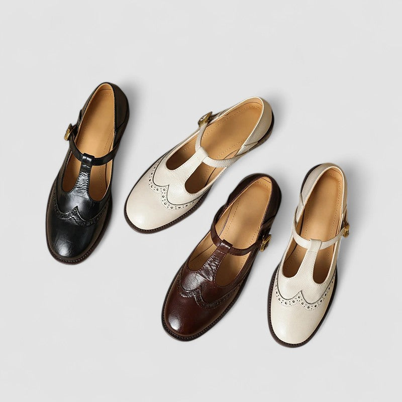 Damen Mary Jane Halbschuhe mit T-Riemen und Lochmuster