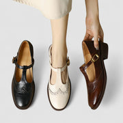 Damen Mary Jane Halbschuhe mit T-Riemen und Lochmuster