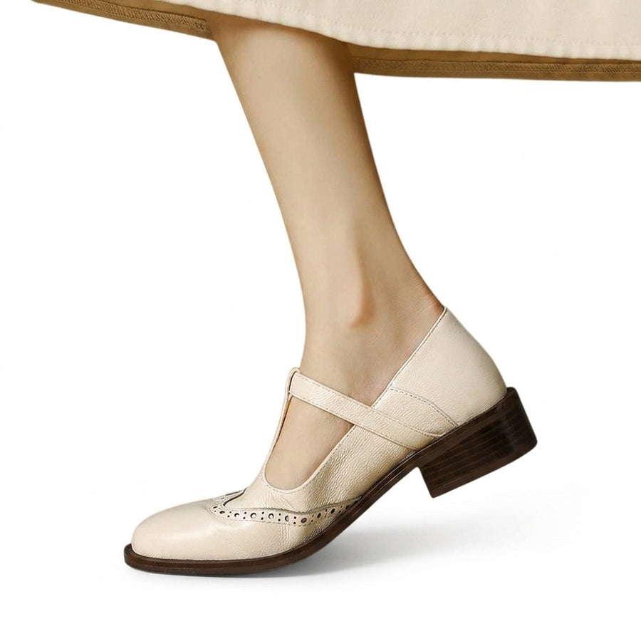 Damen Mary Jane Halbschuhe mit T-Riemen und Lochmuster