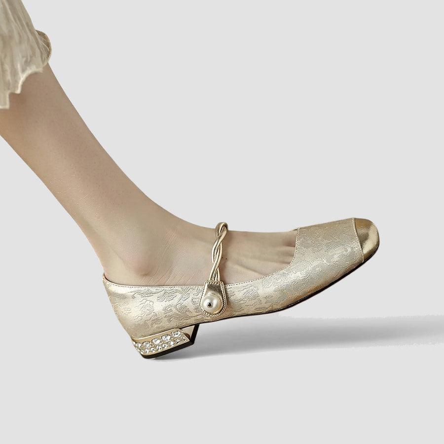 Damen-Mary-Jane-Schuhe mit floralem Muster und verzierten Blockabsätzen