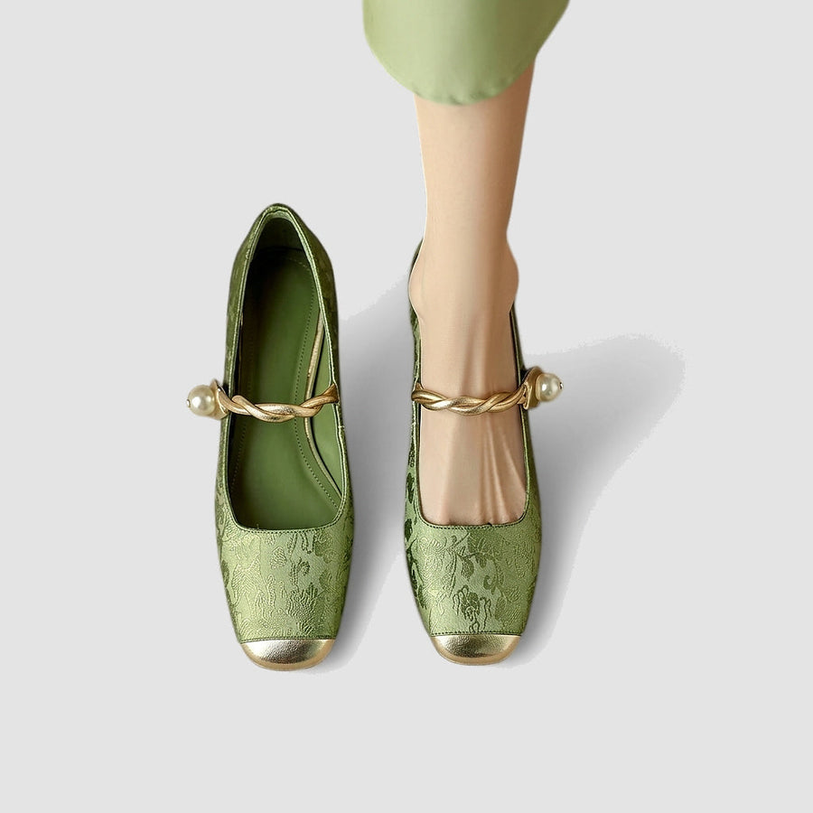 Damen-Mary-Jane-Schuhe mit floralem Muster und verzierten Blockabsätzen