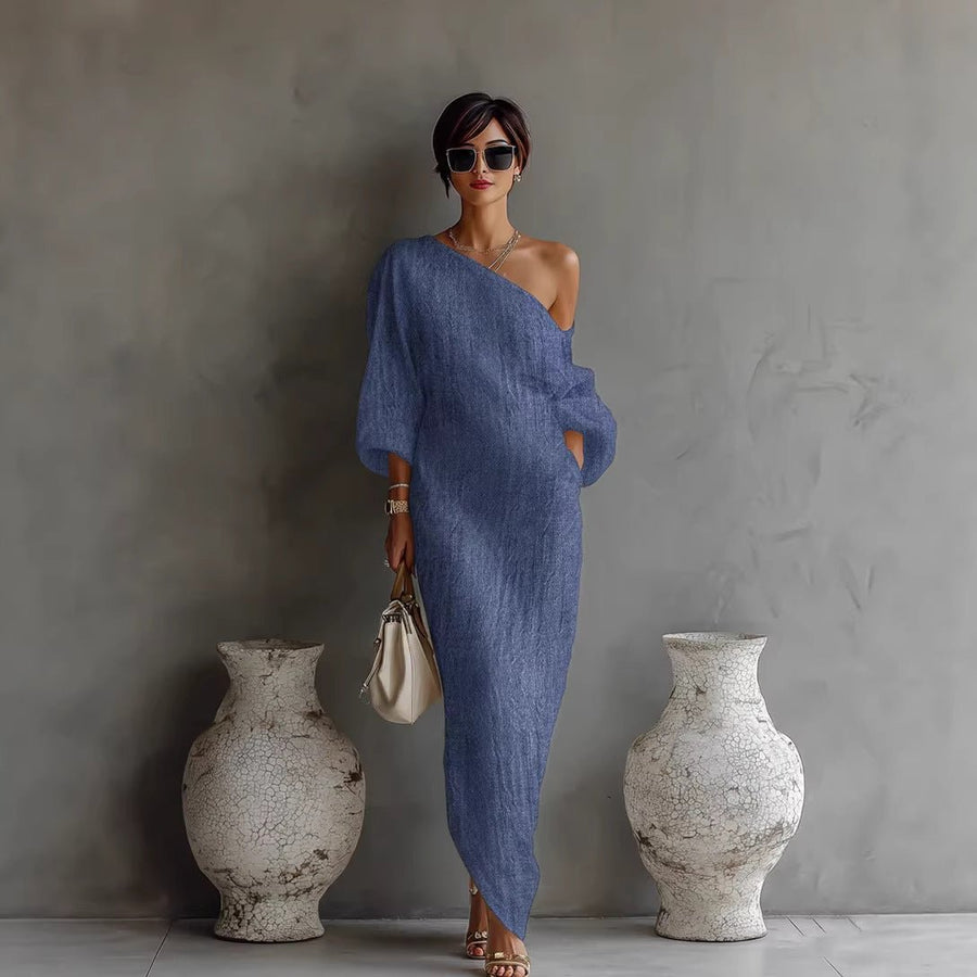 Johanna | Damen Maxi-Kleid Leinenoptik Asymmetrisch Laternärmel Locker