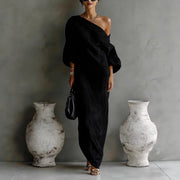 Johanna | Damen Maxi-Kleid Leinenoptik Asymmetrisch Laternärmel Locker