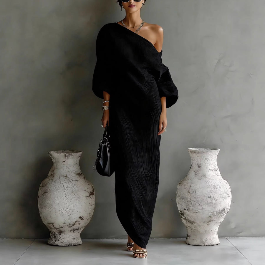 Johanna | Damen Maxi-Kleid Leinenoptik Asymmetrisch Laternärmel Locker