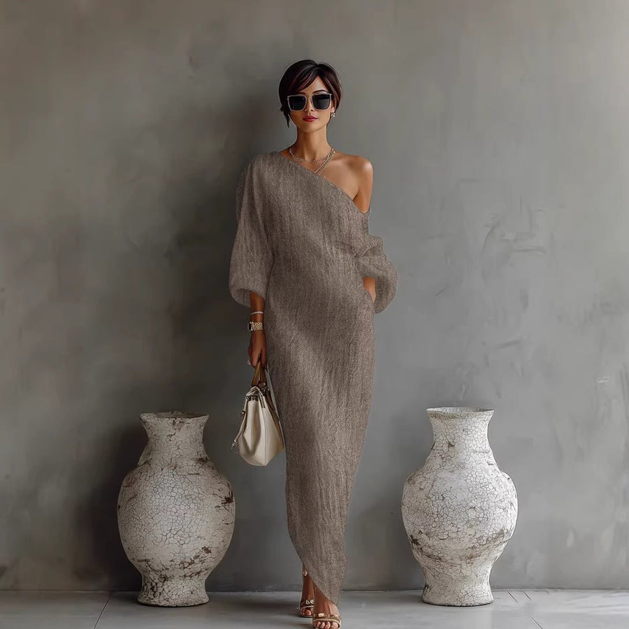 Johanna | Damen Maxi-Kleid Leinenoptik Asymmetrisch Laternärmel Locker