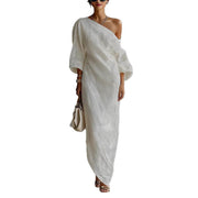 Johanna | Damen Maxi-Kleid Leinenoptik Asymmetrisch Laternärmel Locker