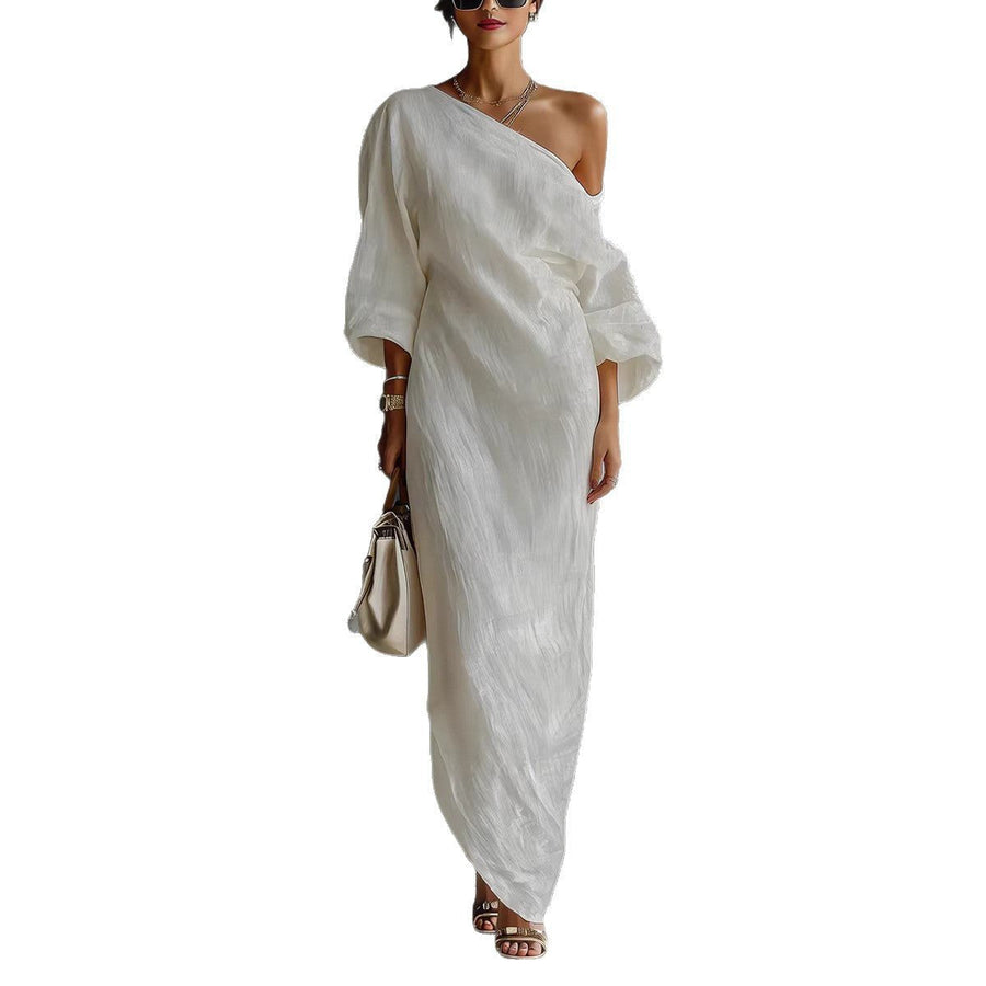 Johanna | Damen Maxi-Kleid Leinenoptik Asymmetrisch Laternärmel Locker