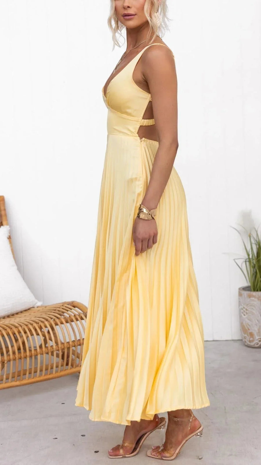 Damen Maxikleid in Gelb mit V-Ausschnitt