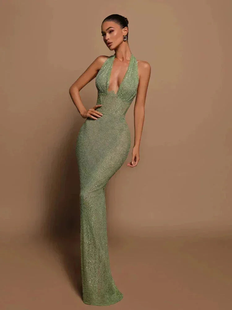 Damen Maxikleid in Grün mit Halterneck und Glitzer