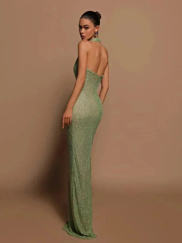 Damen Maxikleid in Grün mit Halterneck und Glitzer