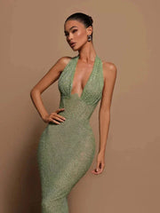 Damen Maxikleid in Grün mit Halterneck und Glitzer