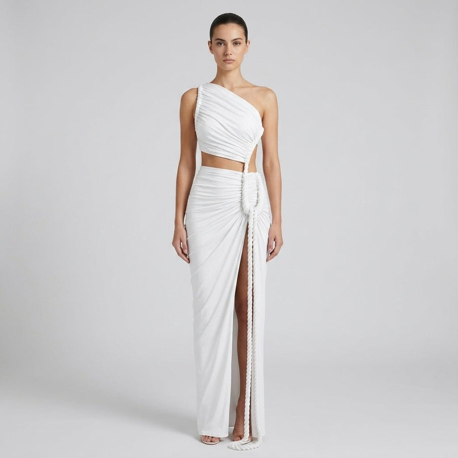 Damen-Maxikleid mit asymmetrischer Ein-Schulter-Form und Raffungen