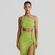 Damen-Maxikleid mit asymmetrischer Ein-Schulter-Form und Raffungen