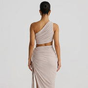 Damen-Maxikleid mit asymmetrischer Ein-Schulter-Form und Raffungen