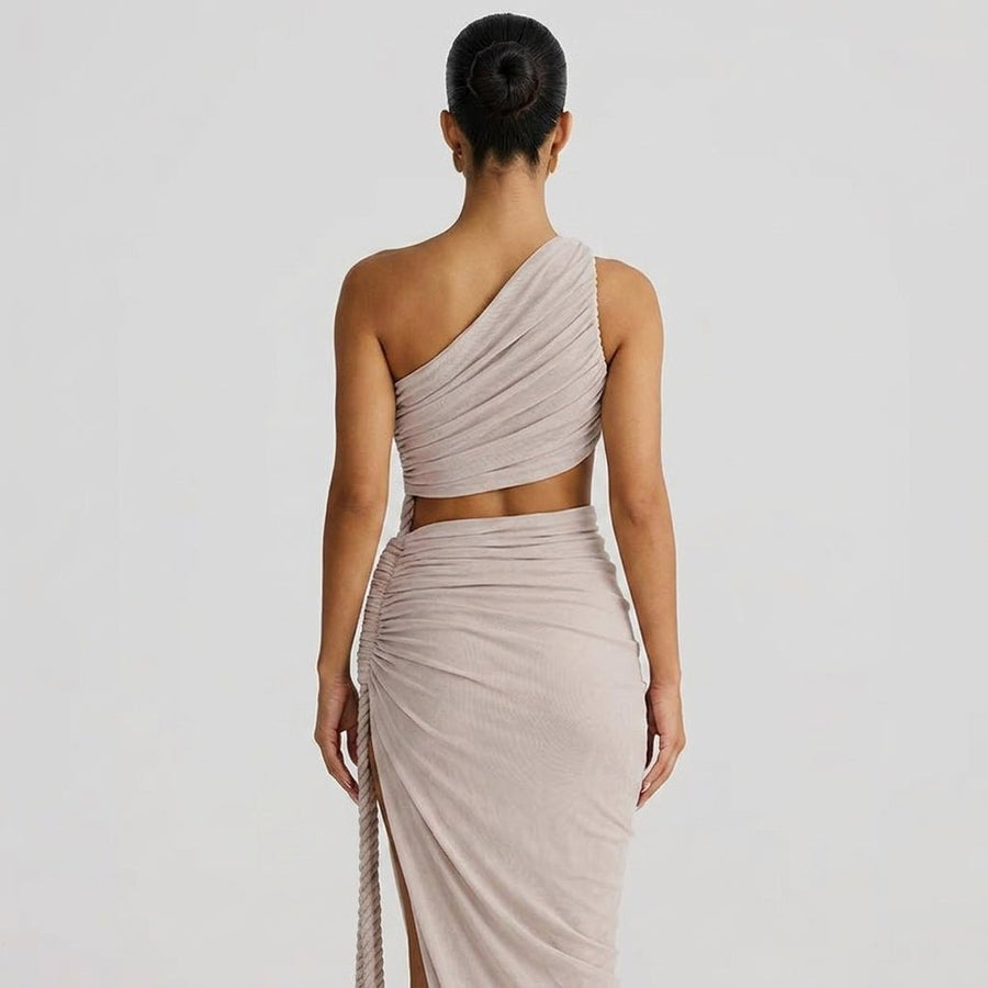Damen-Maxikleid mit asymmetrischer Ein-Schulter-Form und Raffungen